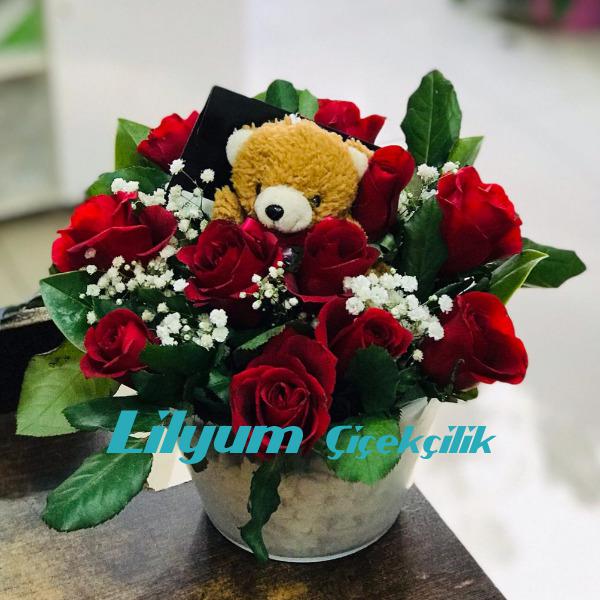 Cam içinde Gül ve Mini Ayıcık Resim 1